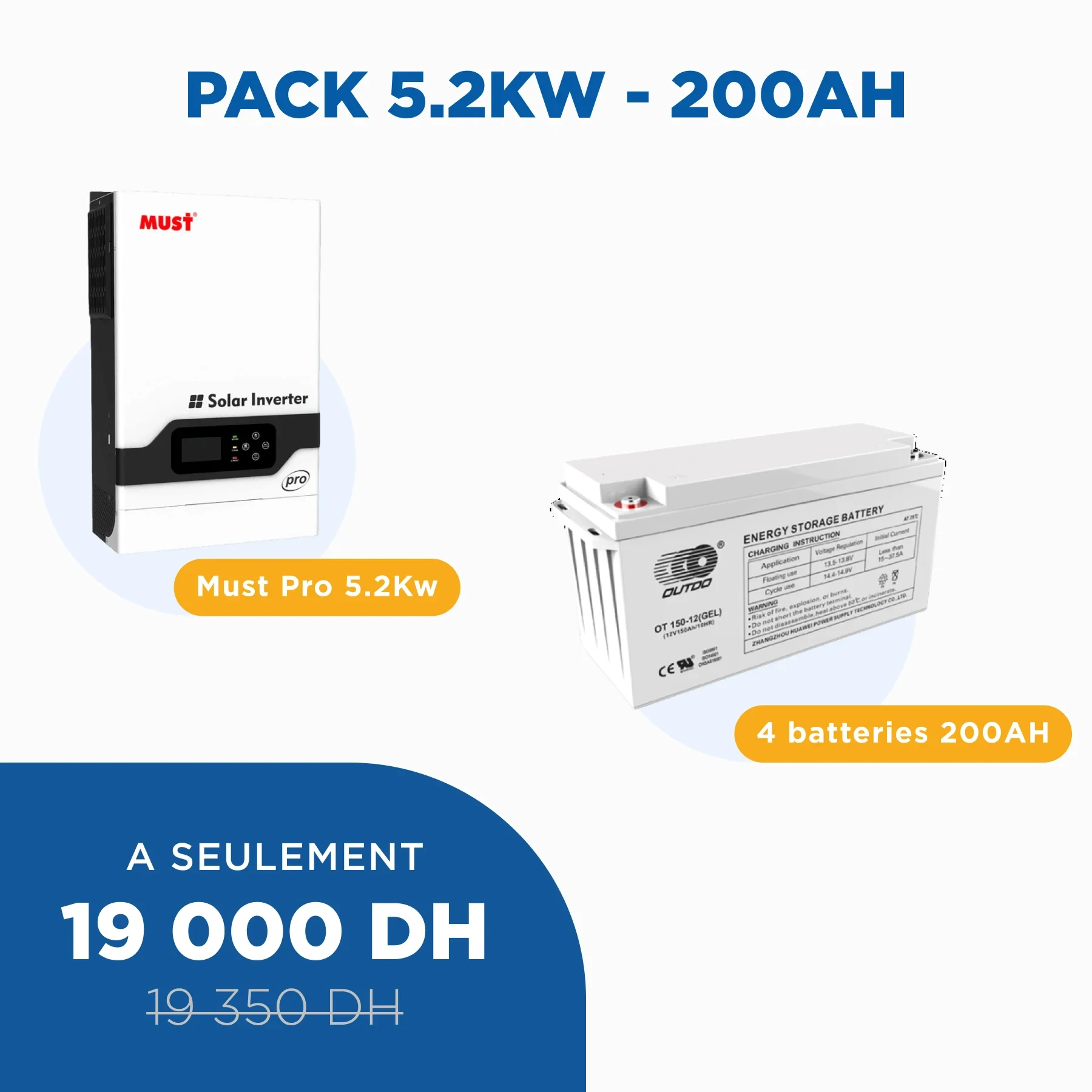 Pack - Batterie solaire 200 AH et Onduleur Hybride 5.2KW MUST PRO 5.2KW